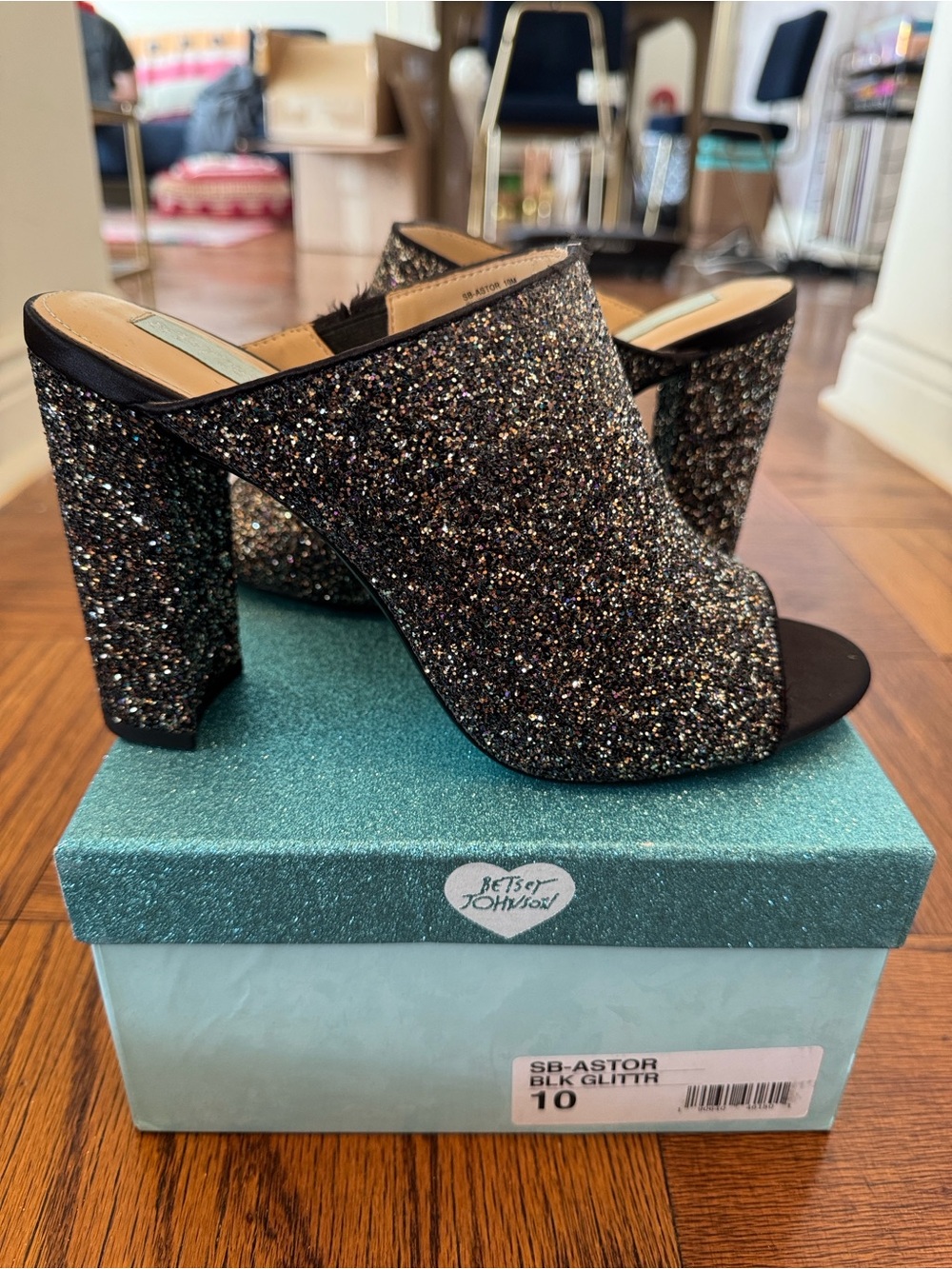 Blue by Betsey Johnson Black Glitter Block Heel Mule